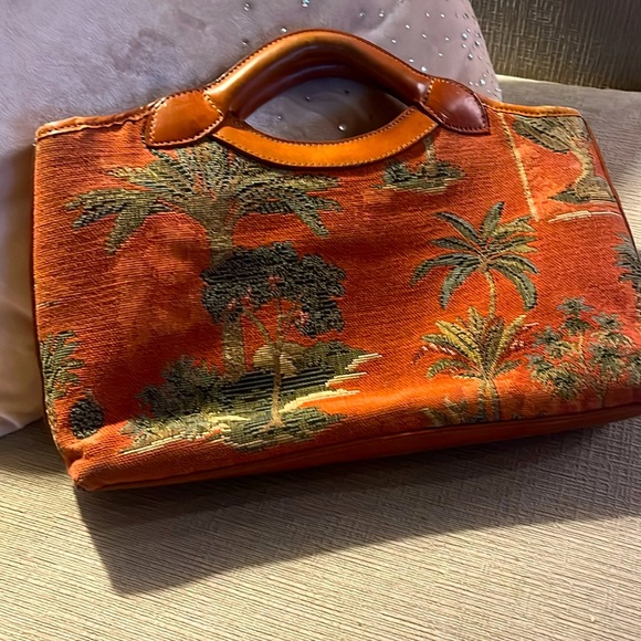 Tommy Bahama vintage brown, leather canvas palm tree clutch tapestry purse - Picture 1 of 8